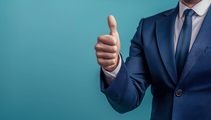 Businessman Giving Thumbs Up Gesture in Formal Suit Against Blue Background With Copy Space