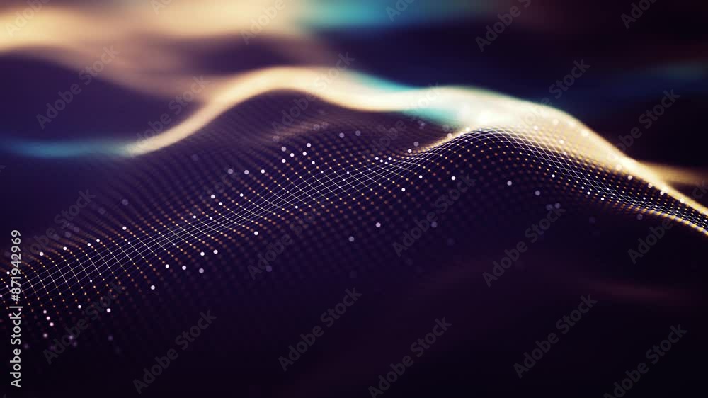 Poster abstract gradient particle waves continuously flowing with connected dots and lines. orange and blue