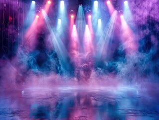 Concert Stage with Bright Spotlights and Smoke, Entertainment Event Background, Live Music...