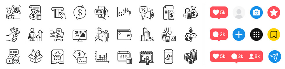 Credit card, Wallet and Accounting line icons pack. Social media icons. Discounts cart, Business results, Coins bag web icon. Smartphone statistics, Analytics graph, Vip ticket pictogram. Vector