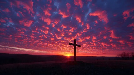 Obraz premium A cross silhouetted against the sky at sunset, with vibrant red and purple clouds creating an epic backdrop. The scene captures the power of God's love in its most majestic.