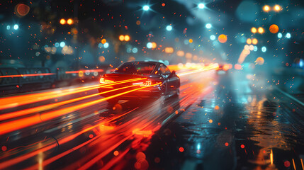 a car moving at night, with light trail, 8k uhd