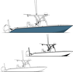 Sport fishing boat vector line art illustration and one-color