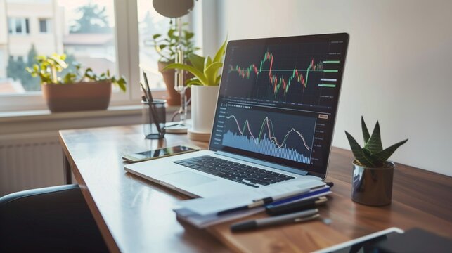 A laptop computer sits on a wooden desk displaying a stock market graph. The laptop is open and the screen shows a candlestick chart with a line graph below. - Powered by Adobe