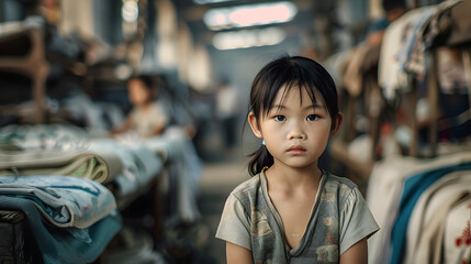 Small Asian girl portrait with blurred textile factory background, Illegal child labour in sweatshop manufacturing concept, documentary style. 