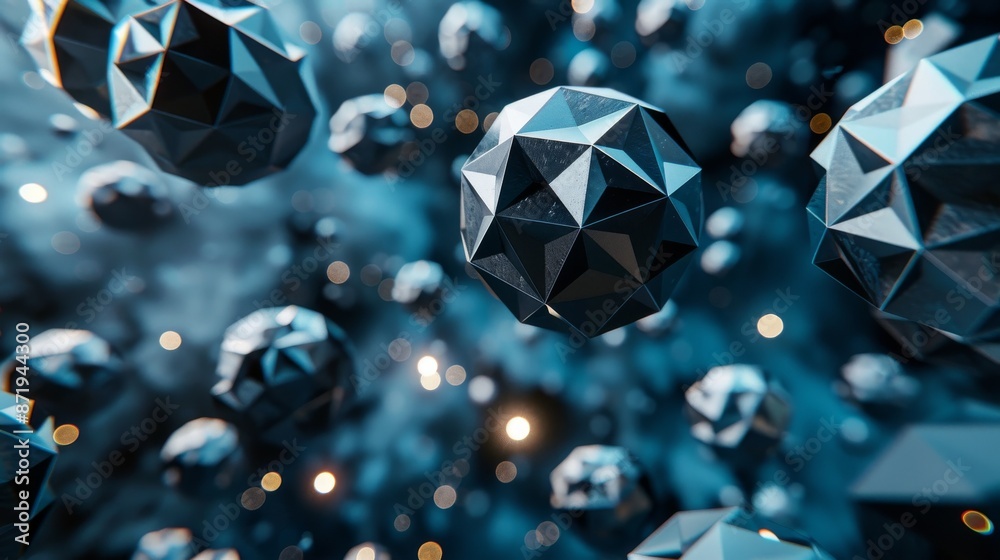 Poster 3d rendering of low poly chaotic particles. flying polygonal spheres in empty space. poster design w