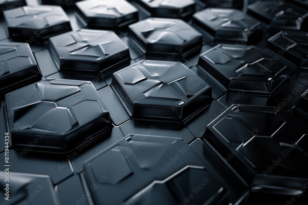 Poster a futuristic surface rendered in 3d with hexagonal shapes. contemporary sci-fi background with bokeh