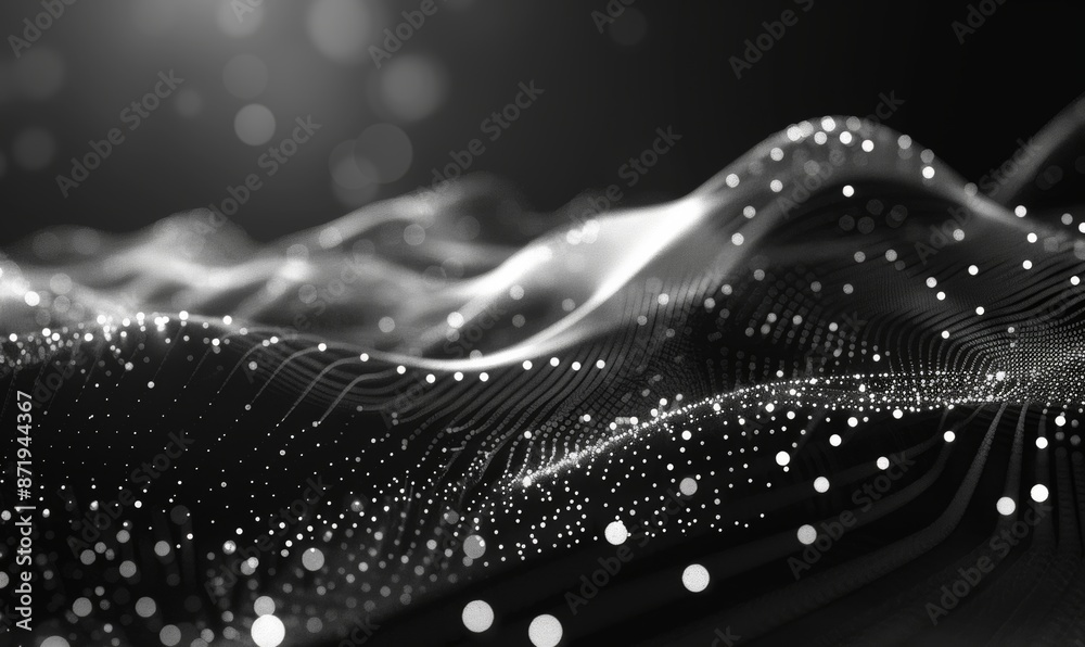 Poster an abstract futuristic illustration of data technology with connecting lines and dots on a dark back