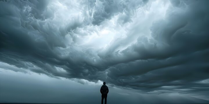 A figure stands strong against storm clouds symbolizing resilience and perseverance. Concept Resilience, Stormy Weather, Strength, Perseverance, Symbolism