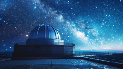 Obraz premium High-altitude observatory with automatic bearing, rotating platform, distant stars and galaxies in the background, detailed and futuristic