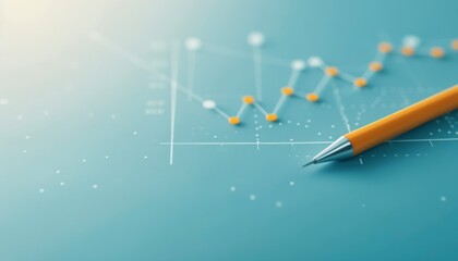 Close-up of a pencil on a graph with declining data points, symbolizing business analysis, statistics, and financial trends.
