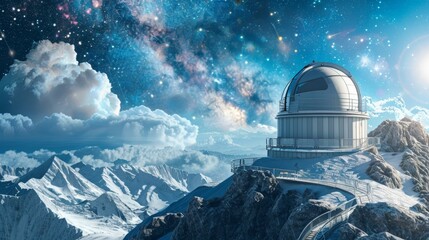 Obraz premium High-altitude observatory with automatic bearing, rotating platform, distant stars and galaxies in the background, detailed and futuristic