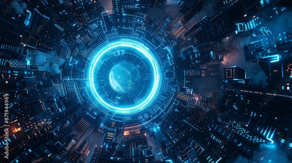 Poster 3D rendering of a science fiction circle circuit hud on a blue background with dotted data and microchips.