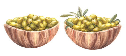 Wooden bowl with green Olives set. Watercolor Olive leaves and ripe fruits in a brown dish. Hand drawn food illustration. Watercolour clipart for menu, sauce, oil label print. on isolated background