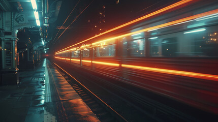 Fototapeta premium a train moving at night, with light trail