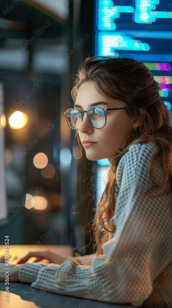 Poster a young woman in glasses stares at a computer screen late at night, with a blue line background hint
