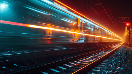 a train moving at night, with light trail