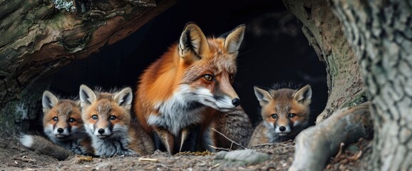 Obraz premium Red Fox Mother Caring For Her Cubs In A Den,High Resolution, Ultra HD