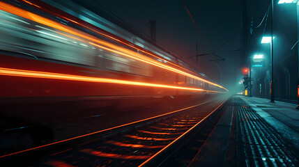 a train moving at night, with light trail