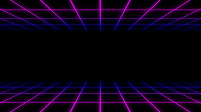 4K retro synthwave 80s style purple, blue, pink neon grid video motion, 3D, 60 fps
