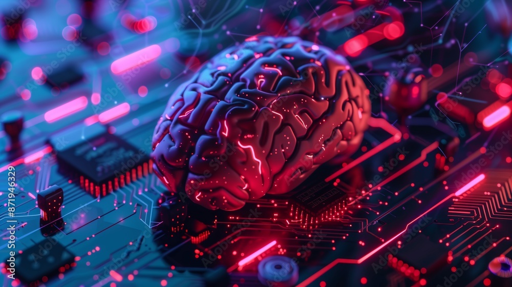 Poster a human brain sits atop a glowing circuit board, with neon lights illuminating the scene. the image 