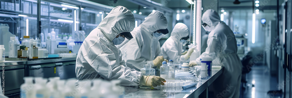 Wall mural Pharmaceutical factory, researchers and workers in protective suits developing new drugs or medicines. Biopharmaceutical lab as imagined by 