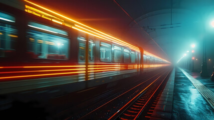 Obraz premium a train moving at night, with light trail