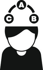 Black and white icon of a young man making a decision, with options a, b, and c floating above his head