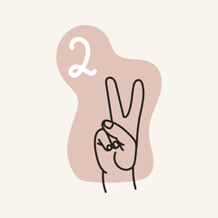 Gestures for the deaf, number 2. English fingerspelling. Hand drawn vector ilustranion. 