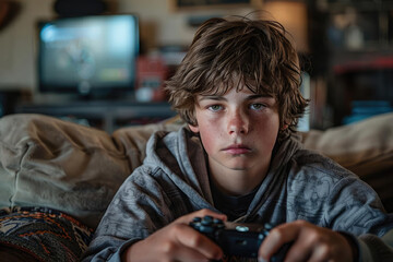 Obraz premium Photo of a boy engrossed in playing a video game on a computer. Tired and sickly appearance of a child. The problem is children's addiction to video games.