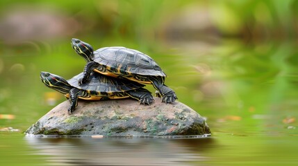 Obraz premium Two red-eared sliders are resting on a rock in a pond, with lily pads visible in the background.