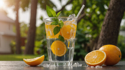 A glass of orange juice with a straw in it and a slice of orange on the side. The glass is on a table with a leafy green plant next to it