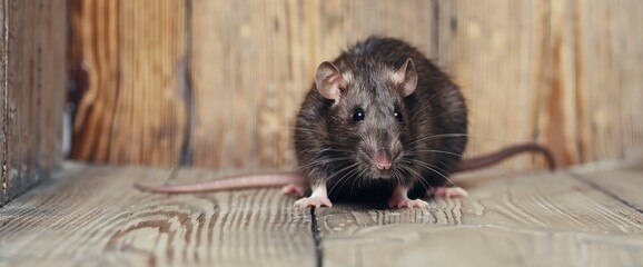 Grey Rat Near A Wooden Wall On The Floor, A Pest Control Scenario,High Resolution, Ultra HD