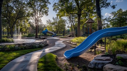 A striking blue slide positioned in the heart of an expansive outdoor playground, framed by a canopy of leafy trees and a vibrant expanse of grass.