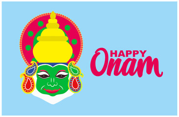 Kathakali Face, Kalash etc. of Onam with Creative Text for Happy Onam. Illustration of Kathakali dancer face on light blue colour background. minimalistic art and illustration