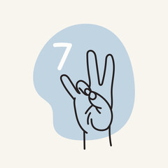 Gestures for the deaf, number 7. English fingerspelling. Hand drawn vector ilustranion. 