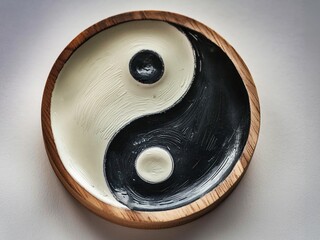 Wooden bowl with Yin Yang symbol inside. white background.