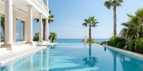 Fototapeta premium Opulent Real Estate Enjoy Palm Trees, Pool, and Ocean Views for Leisure. Concept Luxury Properties, Tropical Paradise, Beachfront Living, Exquisite Amenities, Relaxing Atmosphere