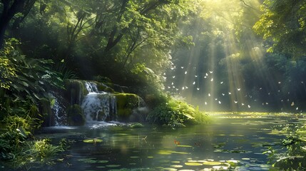 Obraz premium A tranquil riverside setting within a lush forest, where dappled sunlight breaks through the foliage to illuminate a gentle stream, leading to a crystal-clear pond bustling with dragonflies and birds.