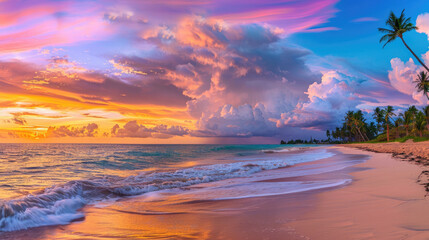 A mesmerizing sunset with vibrant colors over a serene tropical beach, palm trees gently swaying in the breeze