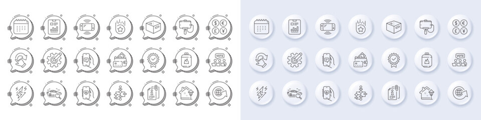 Health app, Cogwheel and Money currency line icons. White pin 3d buttons, chat bubbles icons. Pack of Online voting, Lightning bolt, Gas cylinder icon. Vector