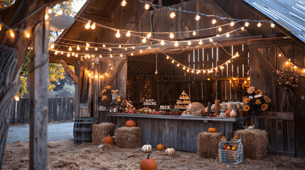 Rustic barn decorated for fall festival with lights and hay