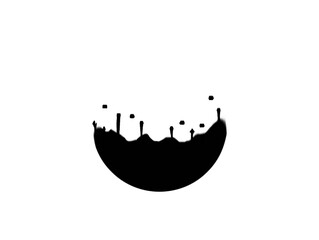 The white background in the center of the image is a semi-circular black artwork with polka dots and embossed black lines used in various illustrations.