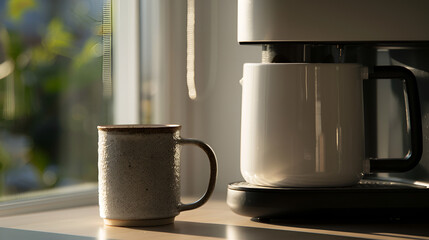 Modern Coffee Maker with Freshly Brewed Coffee in Morning Light