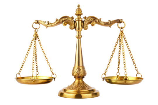 golden ornate scales of justice isolated on transparent background