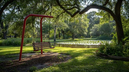 A vibrant red swing set amidst a lush green park, surrounded by towering oak trees and a carpet of emerald grass. ideal for children to engage in outdoor play.