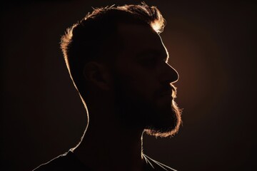 silhouette of a man's head and shoulders, backlit, black background, shadow play Generative AI