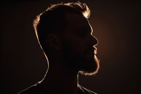 silhouette of a man's head and shoulders, backlit, black background, shadow play Generative AI