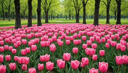 Field of pink tulips in bloom Lush green grass and trees in the background Serene picturesque spring landscape