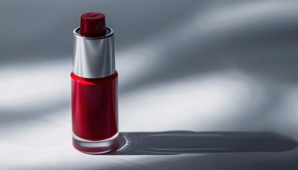 A close-up of a red nail polish bottle with a silver cap, casting shadows on a grey background under natural light.